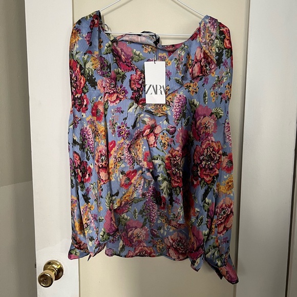 Zara Tops Zara Blue Floral Print Ruffle Blouse Poshmark